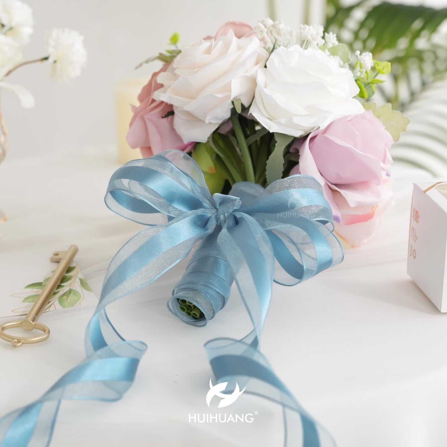 HUIHUANG Dusty Blue Organza Wired Ribbon with Satin Stripe 2.5 inch Blue Sheer Wired Ribbon for Bows Making, Wreaths, Gift Wrapping, Bridal Shower Wedding Decor Decor-Continous 10 Yards