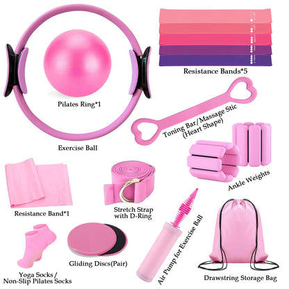 VIOXIA Pilates Kit for Home Workouts – Pilates Equipment Set with Ring, Ball, Resistance Bands, Pilates Accessories, Pilates Essentials Kit for Women, Pilates Sets for Home Exercise（Pink）