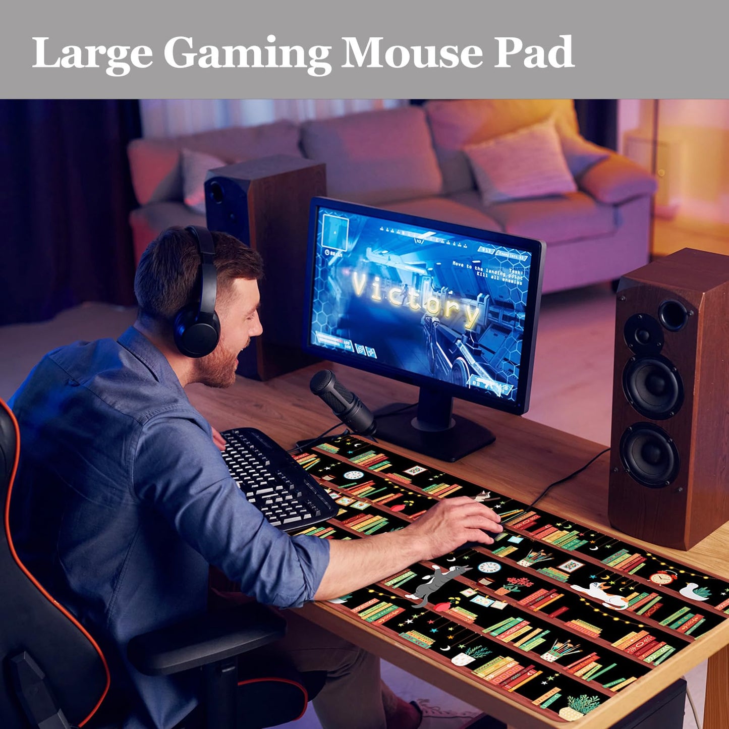 Desk Mat, Desk Matt for Desktop Bookshelf Cat XXL Extended Large Gaming Mouse Pad for Desk, Anti-Slip Desk pad Mat with Stitched Edges, Keyboard Mouse Mat for Computer, Work, Office, Gaming