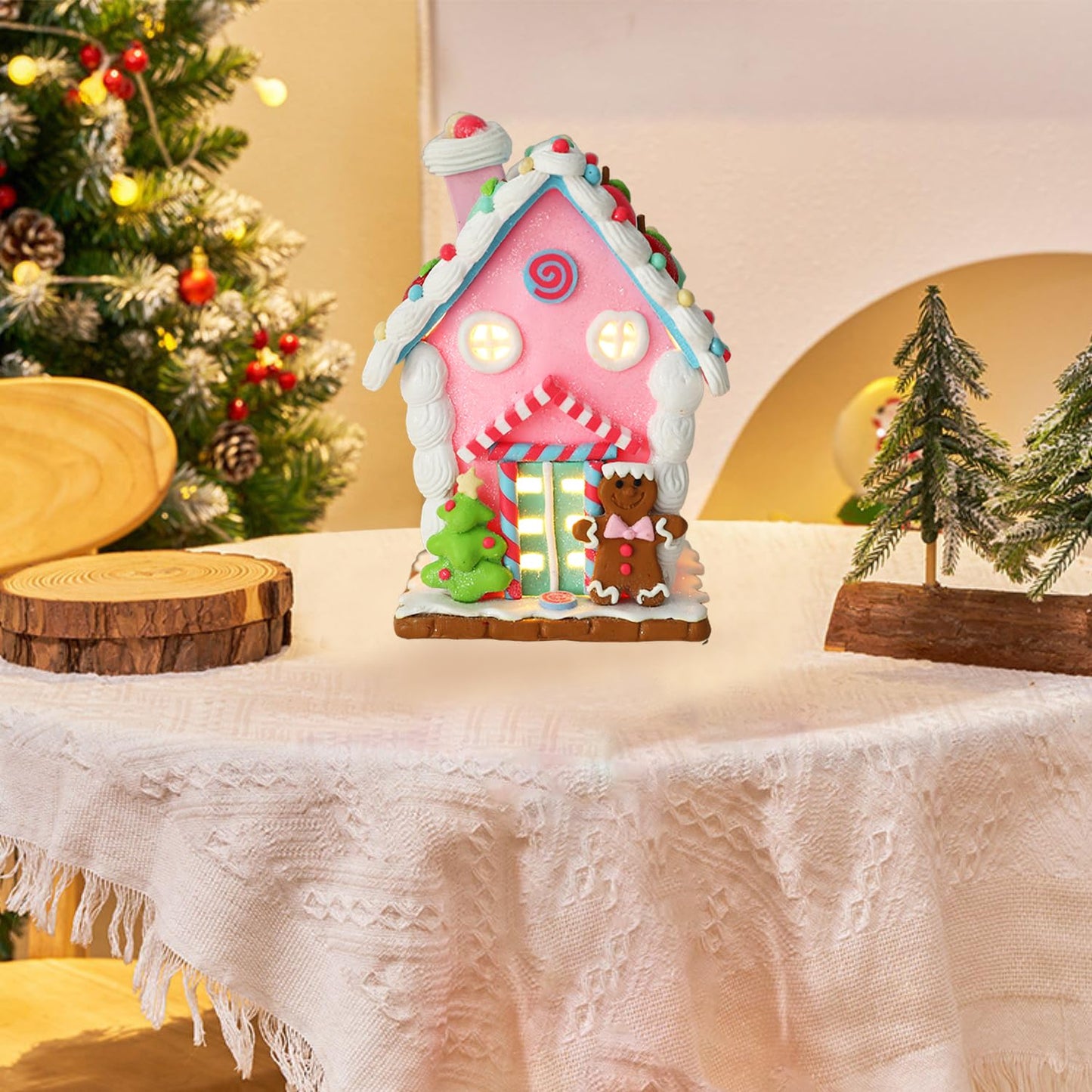 Christmas Pastel Gingerbread House Ornaments Decorations,Soft Clay Pastel Pink Small Candy House Christmas Ornaments with Light for Christmas Tree Hanging Pendants Xmas Tabletop Decoration