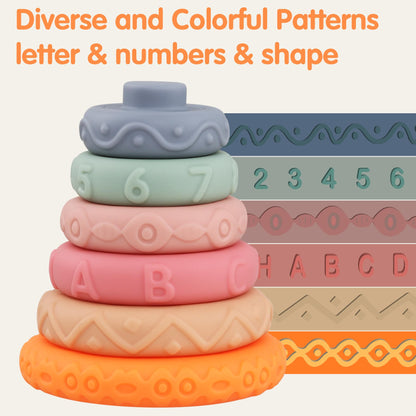 Miawow 6 Pcs Stacking Rings Soft Toys for Babies Newborn 0-18 Months 1 Year Old Girls Boys - Toddler Sensory Educational Montessori Baby Blocks - Infant Development Teething Learning Easter Basket