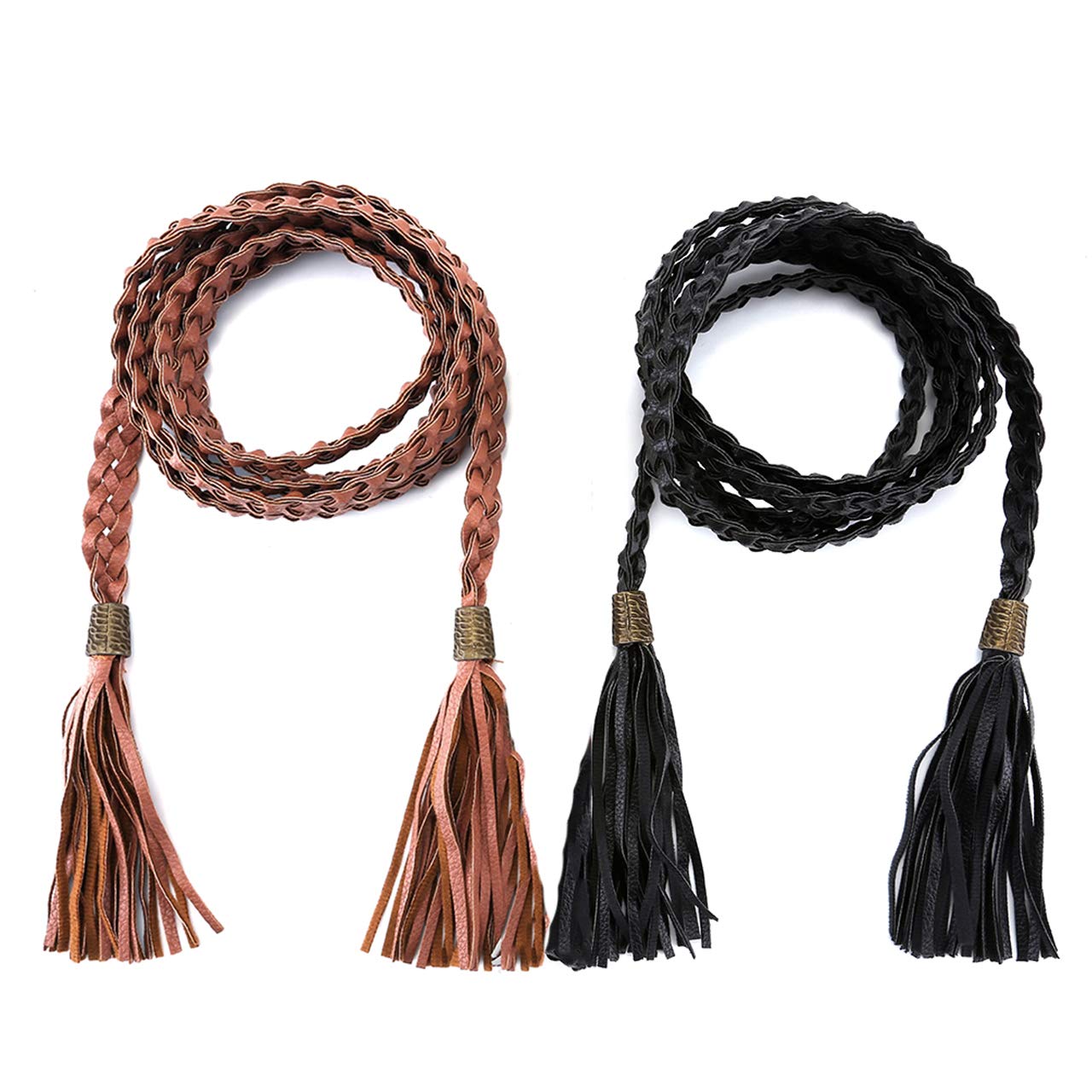 CHIC DIARY Women's Tassel Braided Rope Belt PU Leather Waist Belt Thin Woven Boho Waistband For Dress Jeans (E-2pcs)