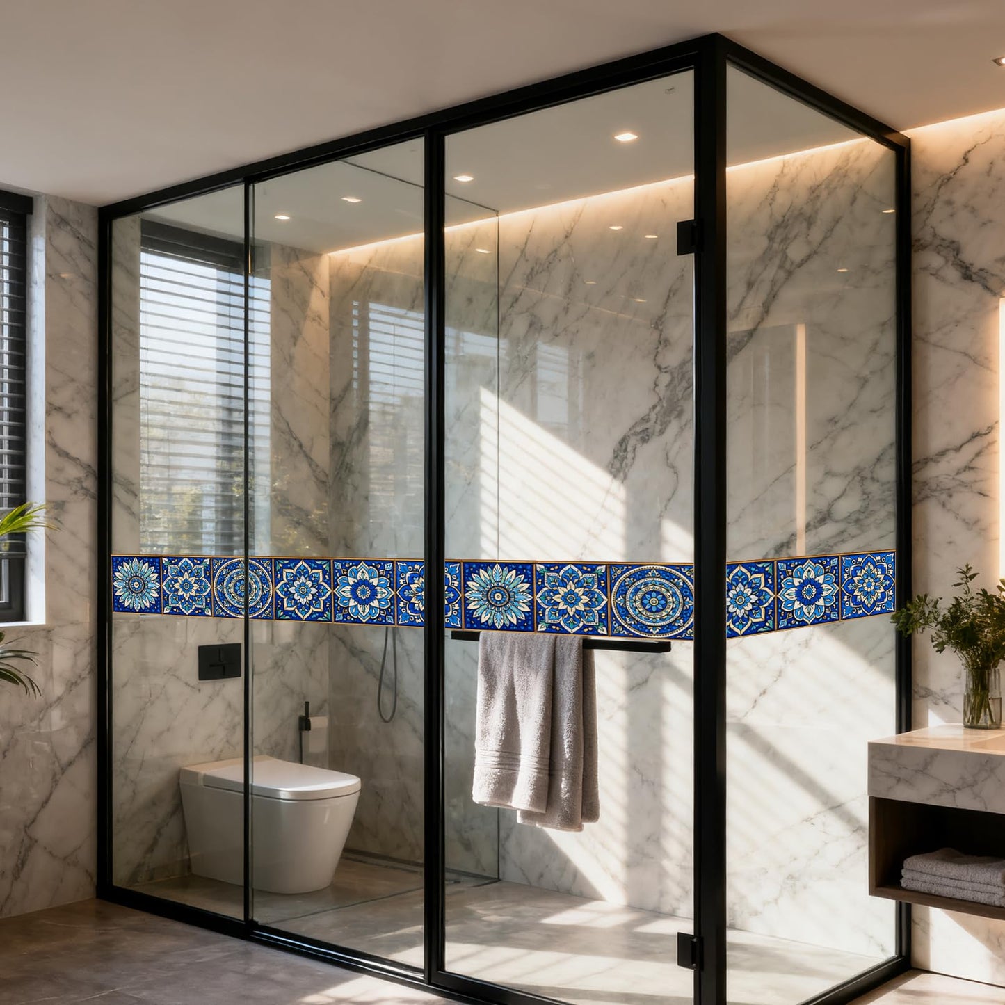Nuxovilar Wallpaper Border Peel and Stick 3.94x16.4Ft PVC Removable Self-Adhesive Bathroom Kitchen Living Room (Blue White Moroccan Tile Pattern)