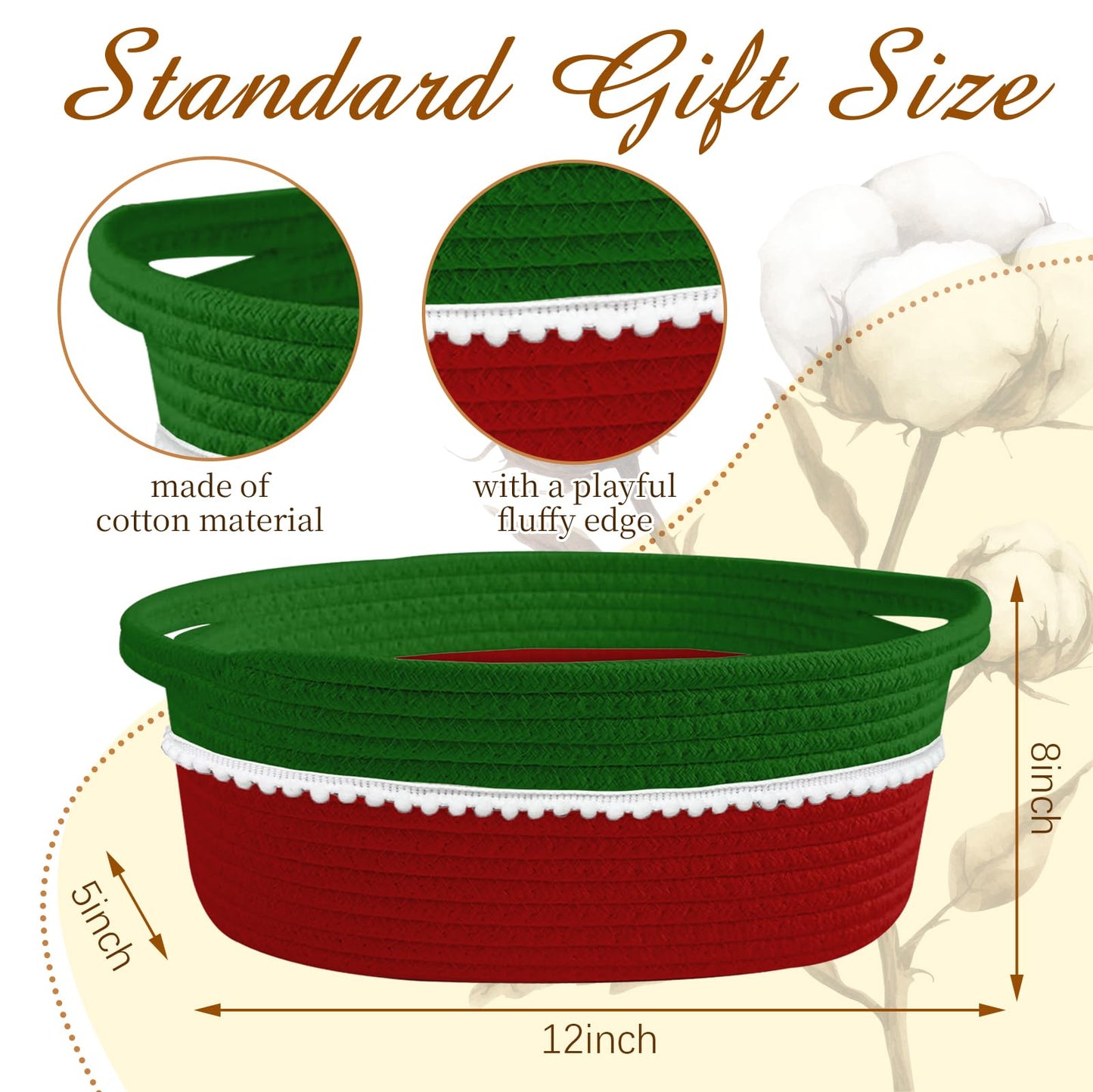Christmas Red & Green Gift Basket Empty with Wrap Bag & Ribbon & Card, Empty Small Woven Storage Basket (12"x8"x5"), Cute Decorative Gift Baskets Storage for Christmas Baby Showers Easter (Green-Red)