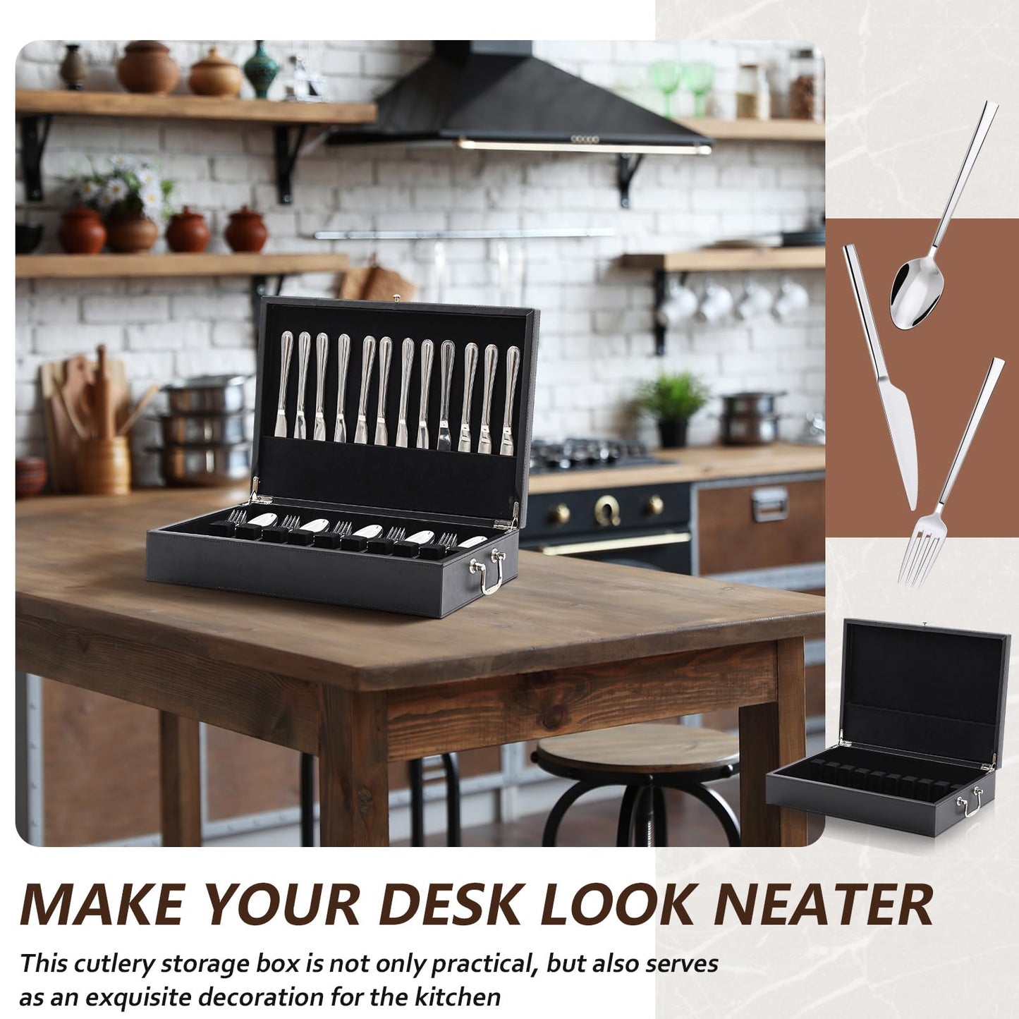 DoubleFill 1 Layer Leather Silverware Storage Box with Lid and Handles, Anti Tarnish Silverware Storage Chest Case with Felt-lined for 12 Sets of Utensils Flatware Gifts, 15.3x11.2x3.6 Inch