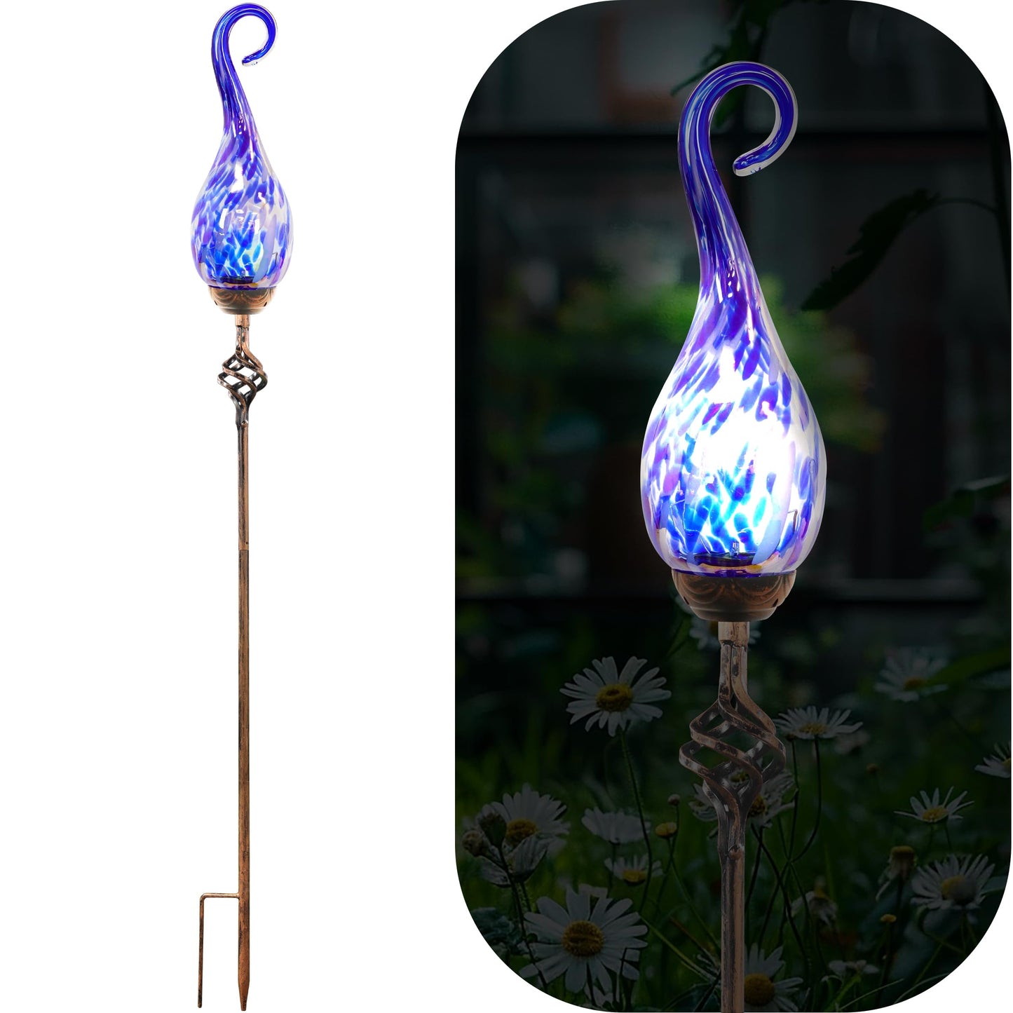 Naboher Garden Solar Lights Outdoor, Decorative LED Pearlized Glass Spiral Garden Stake with Finial, Hand Blown Glass and Metal Outdoor Decoration, 3 x 36 Inch (Dark Blue)
