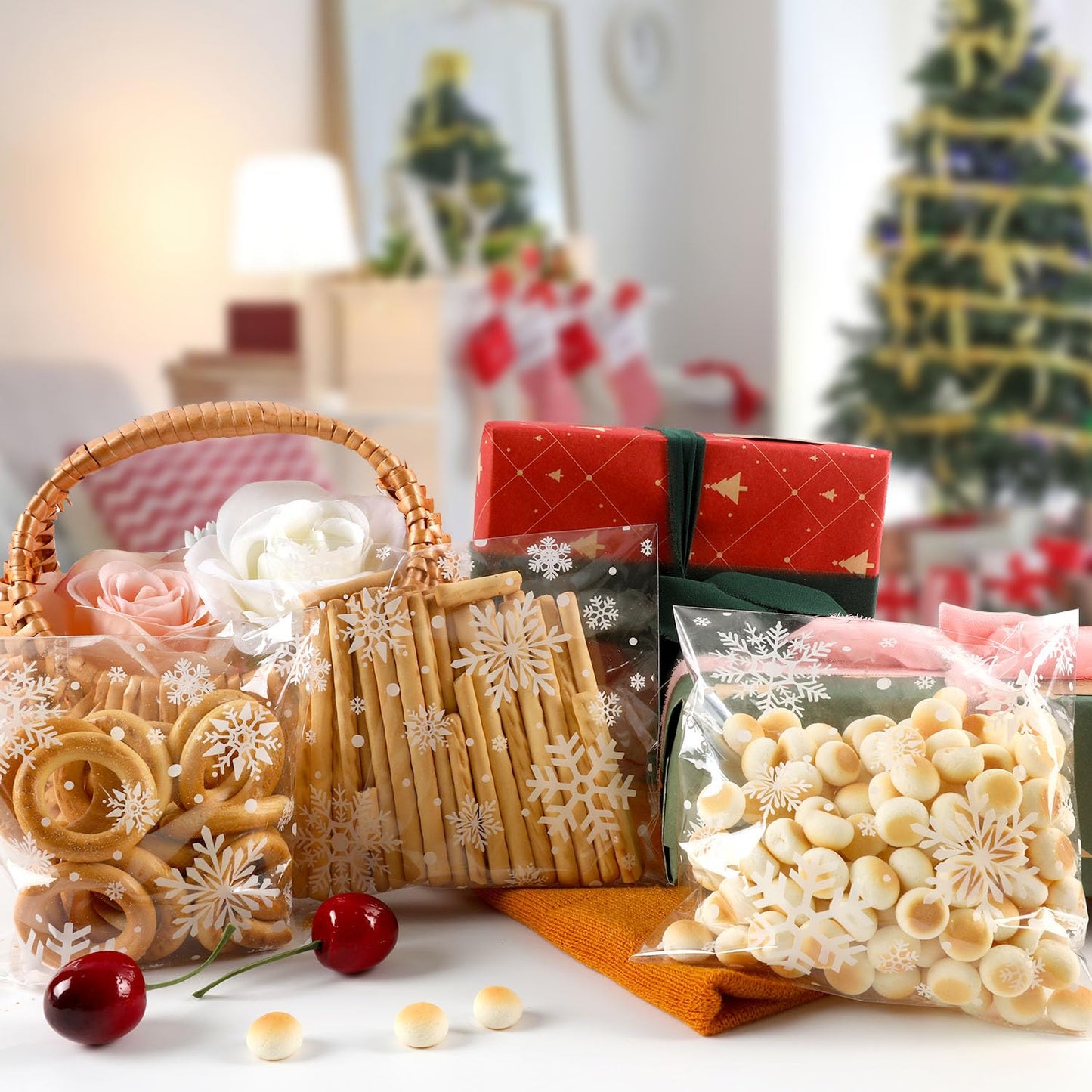 CUDICY Christmas Cookie Bags 200pcs Snowflake Cellophane Treat Bags 5.5x5.5 Self Adhesive Cookie Bag for Gift Giving Packaging Candy Goodie Holiday Homemade Bakery