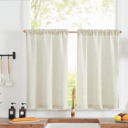 jinchan Linen Textured Tier Curtains 36 Inch for Kitchen Windows Farmhouse Cafe Curtains Small Drapes Rustic Light Filtering Half Window for Living Room Laundry Rod Pocket 2 Panels Natural Crude