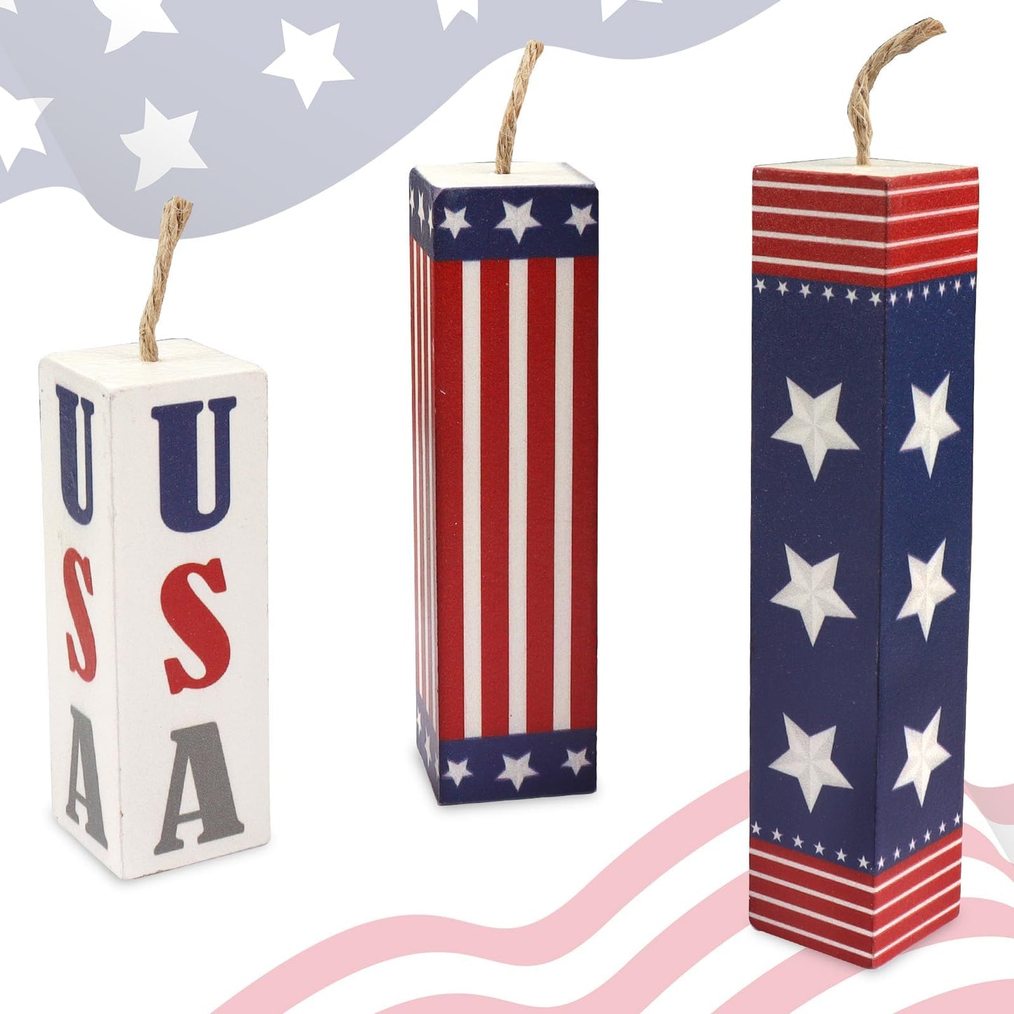 Hying 3 Pieces 4th of July Wooden Block Centerpieces for Table Decorations, Rustic Patriotic Tiered Tray American Stars and Stripes Table Centerpieces for Memorial Day Party Supplies