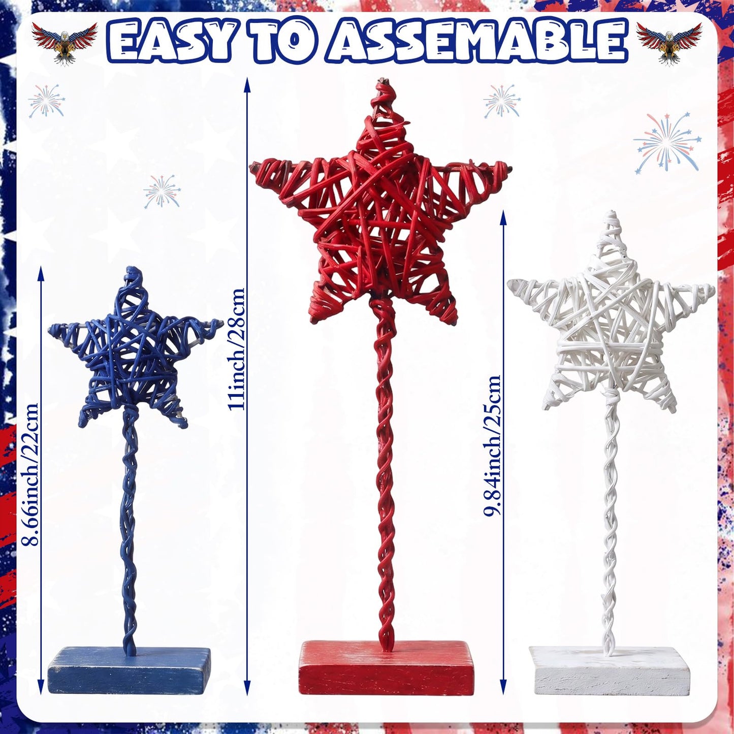 Tiamon 3 Pcs 4th of July Decorations, Metal Wood Patriotic Centerpieces Table Decor Red White Blue 3D Star Tray Sign Decor for Home Office USA July Fourth Independence Day 250th Anniversary Decoration