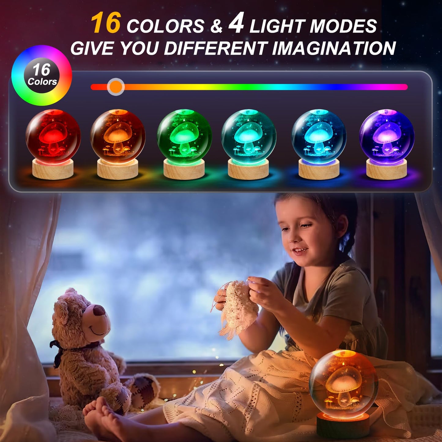 Kocasall Mushroom Lamp,3.15 inch 3D K9 Crystal Ball Mushroom Night Light with Wooden Base,16 Colors Change,Remote Control,Color Box,Birthday Christmas Gift