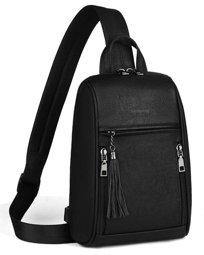 FADEON Sling Bag for Women, Crossbody Backpack with Tassels, Designer Leather Shoulder Chest Bags for Travel