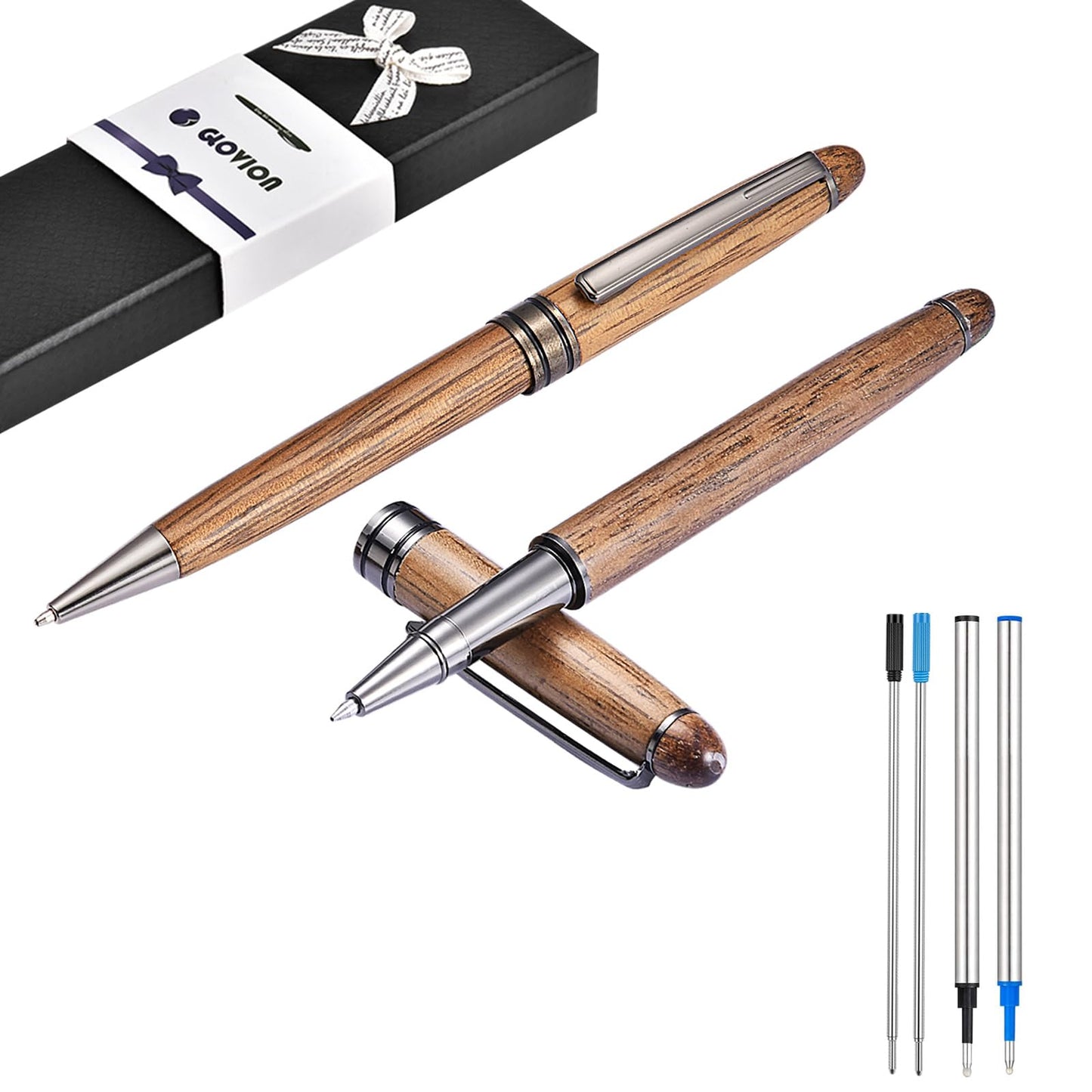 Glovion Wood Ballpoint Pen Set 2 Pack, Fancy Wooden Pens and Rollerball Pen for Men Extra 4 Ink Refills (2 Blue & 2 Black) Nice Writing Pen Sets Gift for Business Journaling Executive Signature