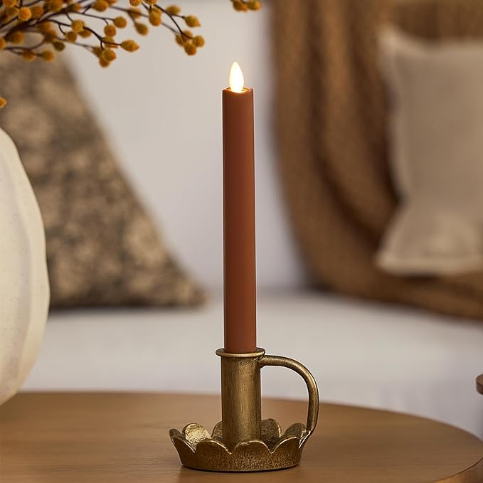 Luminara Flameless Candle Taper (1" x 9.5") Melted Top Real Wax Unscented Remote Ready Timer (Caramel Café)