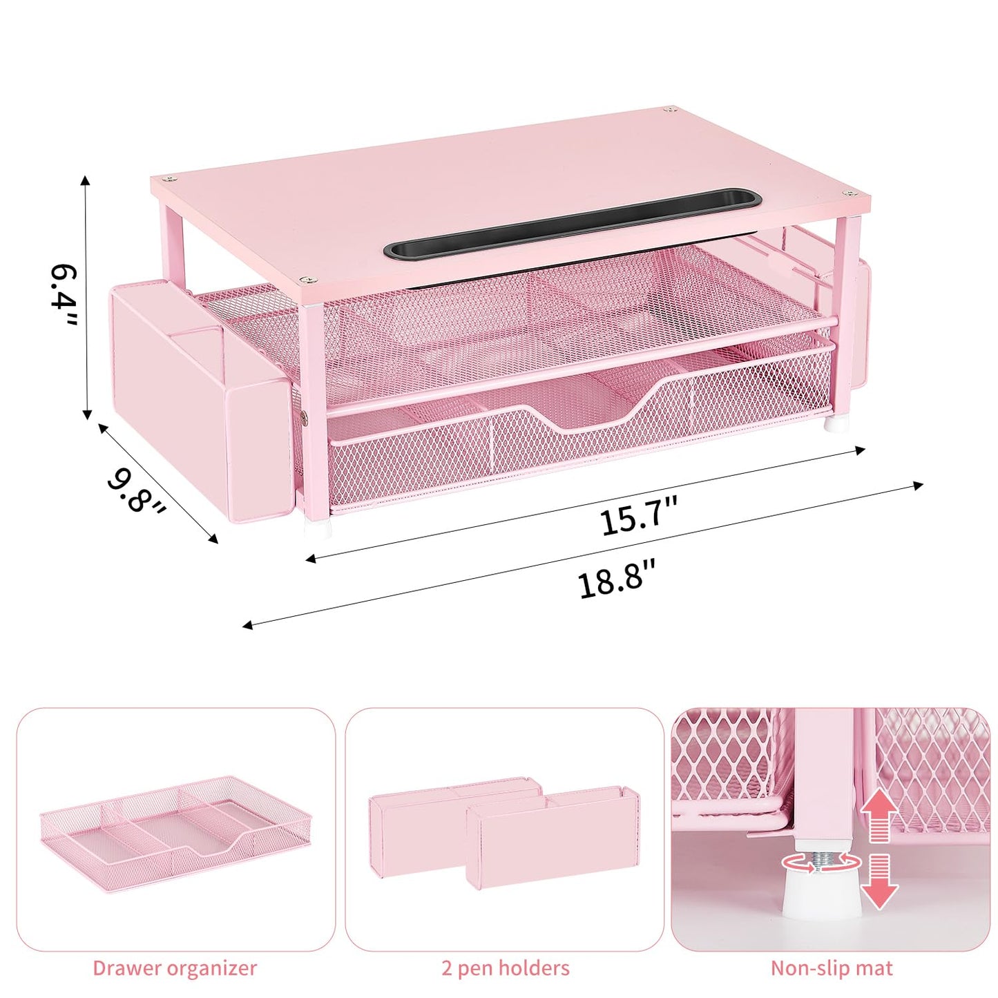 AUPSEN Pink Desk Organizers and Accessories, 2-Tier Wood Computer Monitor Stand with Drawer, Pen Storage & Phone Holder, Office Desk Accessories, Workspace Desktop Organization for Office Supplies