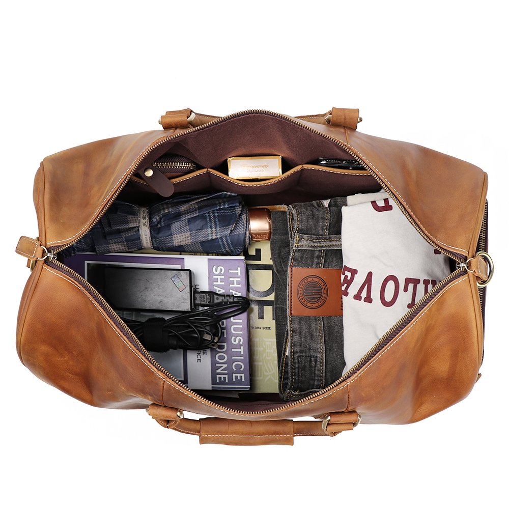 Leathfocus Leather Travel Luggage Bag with Ykk Zipper, Mens Duffle Retro Carry on Handbag (Brown)