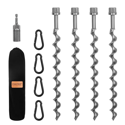11.5" Ground Anchors Screw-in, 4-Pack Heavy Duty Tent Stakes with Carabiners and Power Nut Driver Drill Bit, Steel Earth Anchors for Camping Tents, Swing Sets, Securing Animals, Sheds and Trampolines