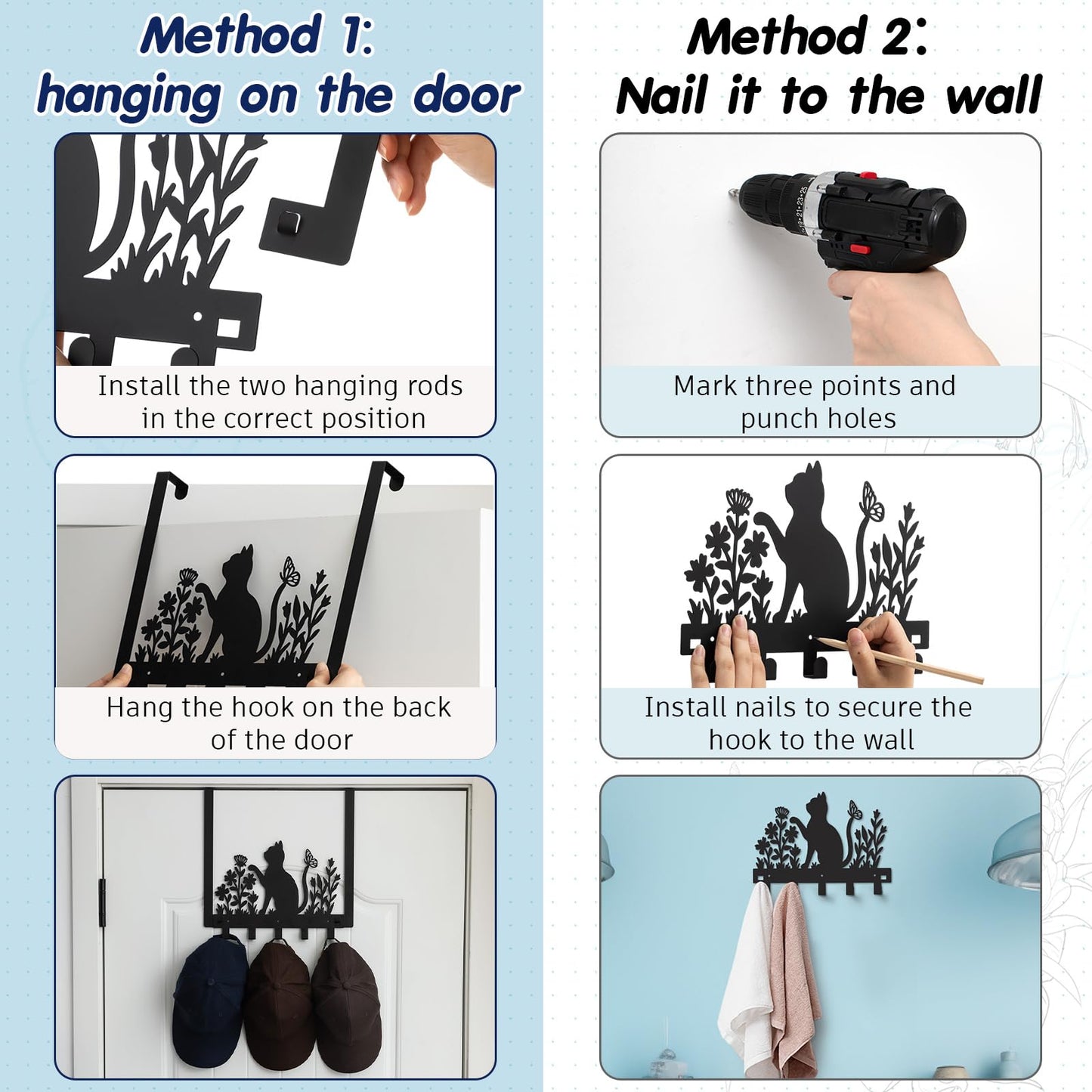 Reallnaive Black Cat Over The Door Hooks Gothic Bathroom Decor Hanger Wall Mount Rack Holder for Towel, Hat, Coat, Cloth, Keychain, Bag, Christmas Gift for Cat Lovers