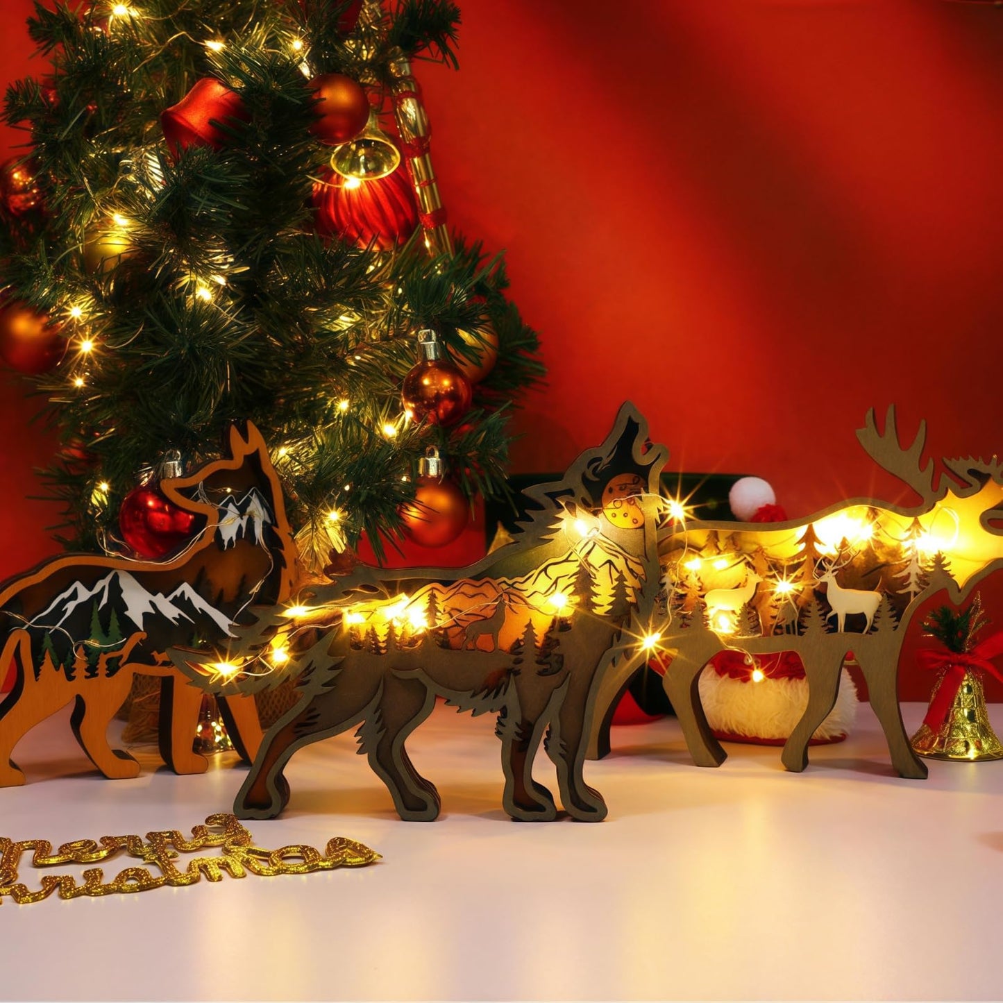 Drawelry 3D Wood Carving Animals Lamp Home Decorative, Cute Bear Family Elephant Presents Ideas Christmas Living Room Office Decor Warm LED Night Lights Gift for Friend Daughter Son Mom Dad (Wolf)