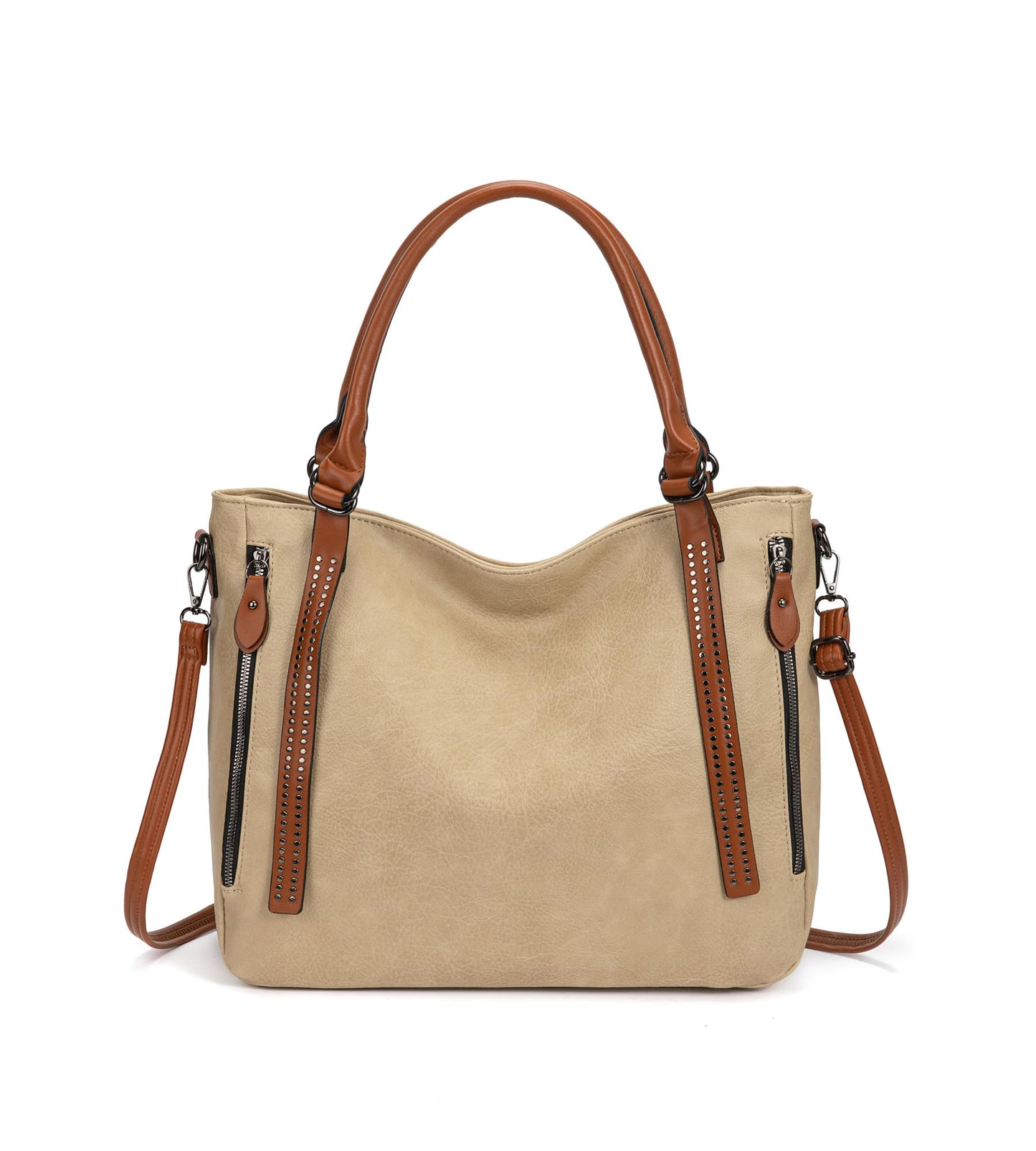 myfriday Vintage Slouchy Tote Bag for Women, Large Vegan Leather Hobo Shoulder Bag Satchel Purse with Adjustable Strap (Apricot)