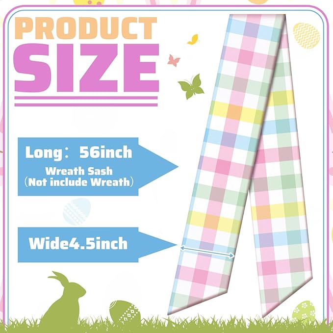 Wreath Sash for Front Door Wreath Satin Sash Blank Sashes Embroidery Monogram Yard Doorway Indoor Outdoor Wall Ribbon Bow Home Decor(Pastel,Easter Buffalo Plaid)