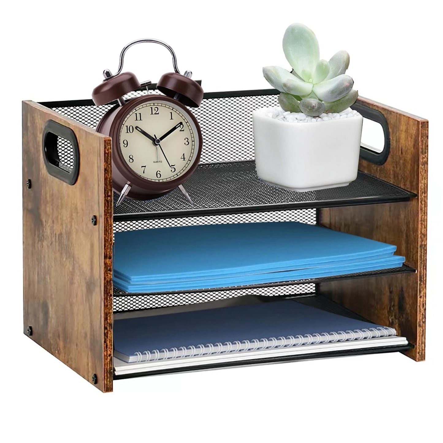 Boershun Desk Organizer - 3 Tier Wood & Metal Mesh Desktop Organizer for Office, Home, School, Workspace, Office Desk Organzier for Papers, Mail, Notebooks, Stationery