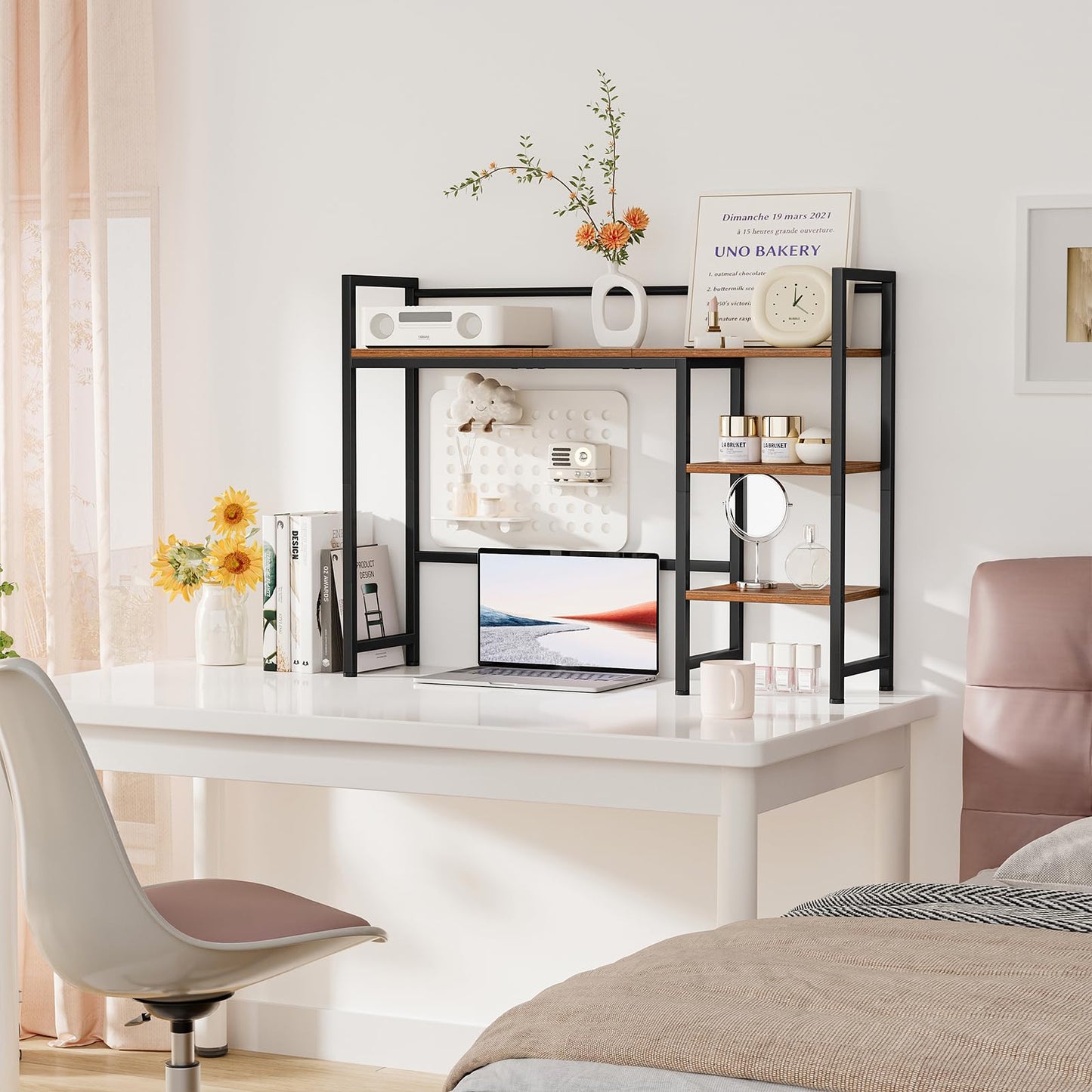 Snughome Desk Shelf, 38.6" Desktop Organizer Shelf, Desk Hutch for Computer Monitor, 4 Tier Desk Display Rack, Wood Desktop Bookshelf Storage Rack for Home Office Dorm, Rustic Brown