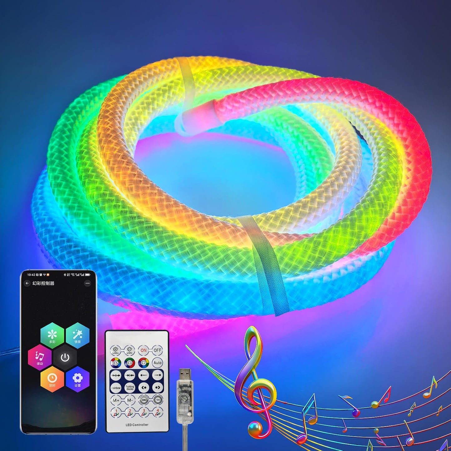 360 Degree Illuminated LED Neon Woven Light Strip, 16.4FT, 5V USB Music Synchronization APP Control for Game Room, Festival, Camping, Bedroom Decoration (9.84FT（LED Neon Woven Light Strip)