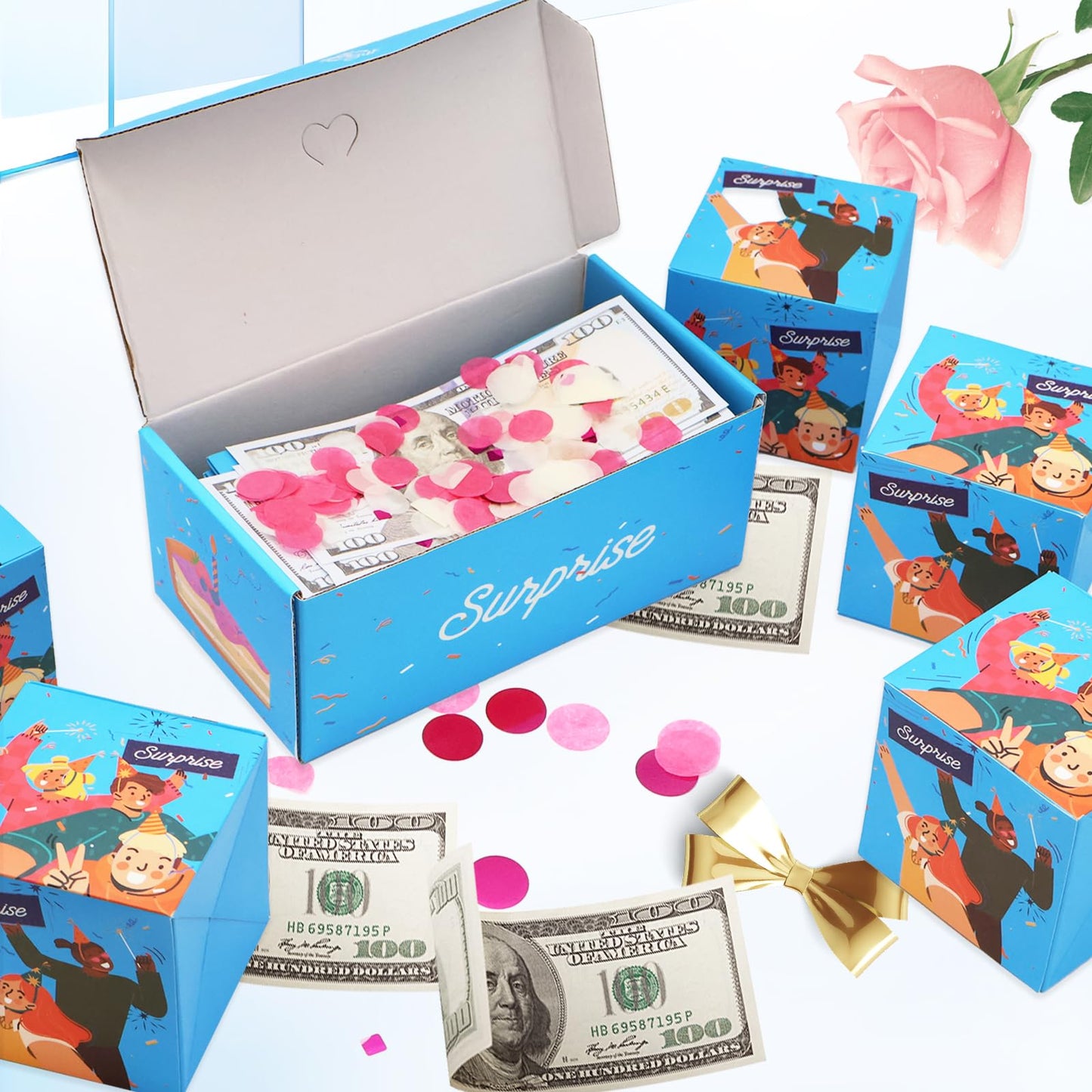 Surprise Gift Box Explosion for Money, Unique Folding Bouncing Red Envelope Gift Box with Confetti, Cash Explosion Luxury for Birthday Anniversary Valentine Proposal (15 Bounces) (Blue)