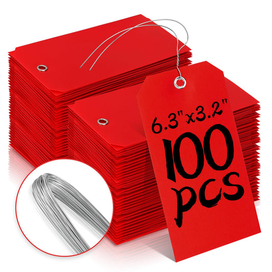 100 Plastic Shipping Tags - Red, 6 1/4" x 3 1/8", Waterproof, Durable, Reinforcement Hole, Stacking Labels for Equipment Parts