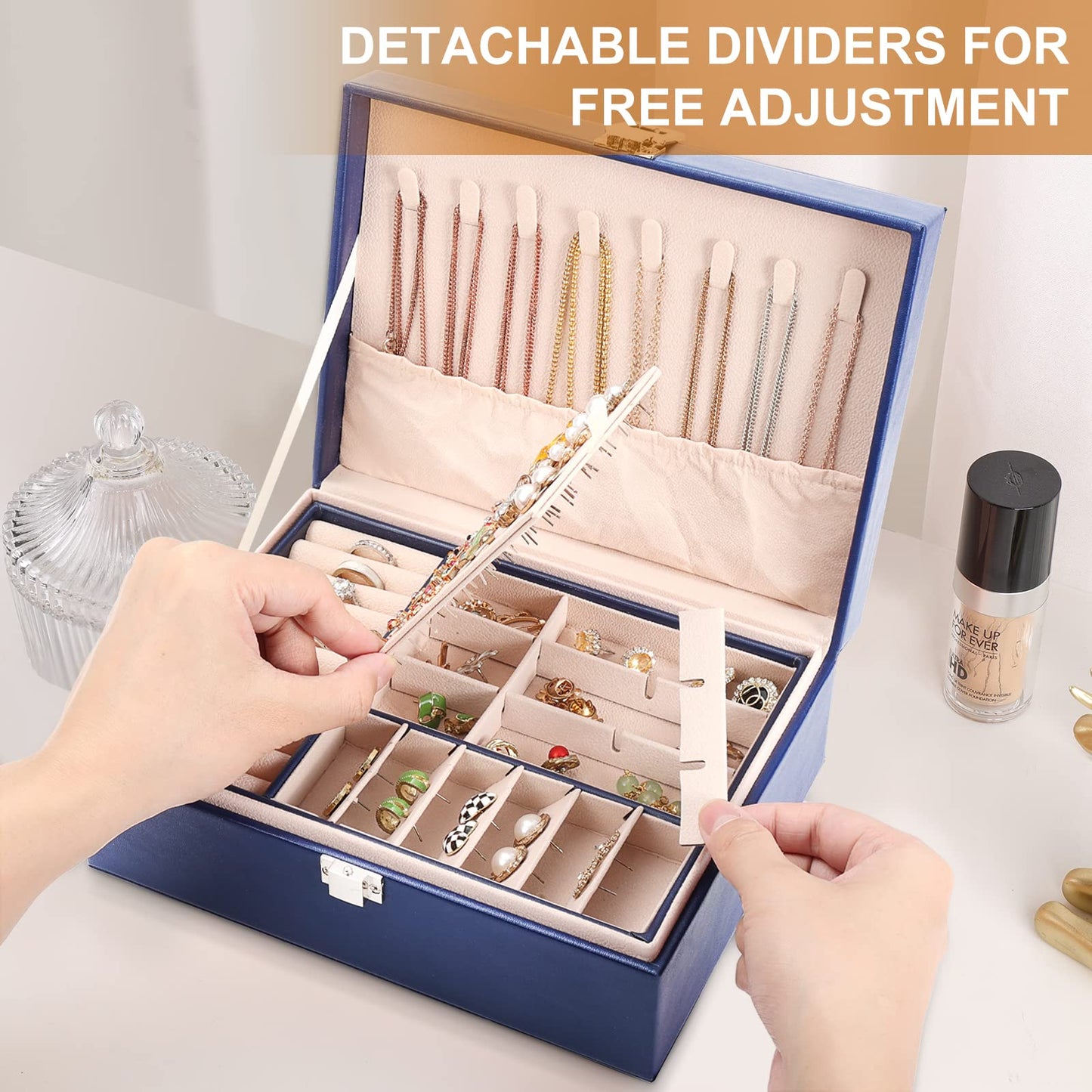 Jewelry Organizer Box PU Leather Jewelry Box for Girls Womens Earring Organizer Boxes 2 Layer Large Jewelry Storage Case Removable Tray for Necklace Earring Ring with Polishing Cloth and Jewelry Bags