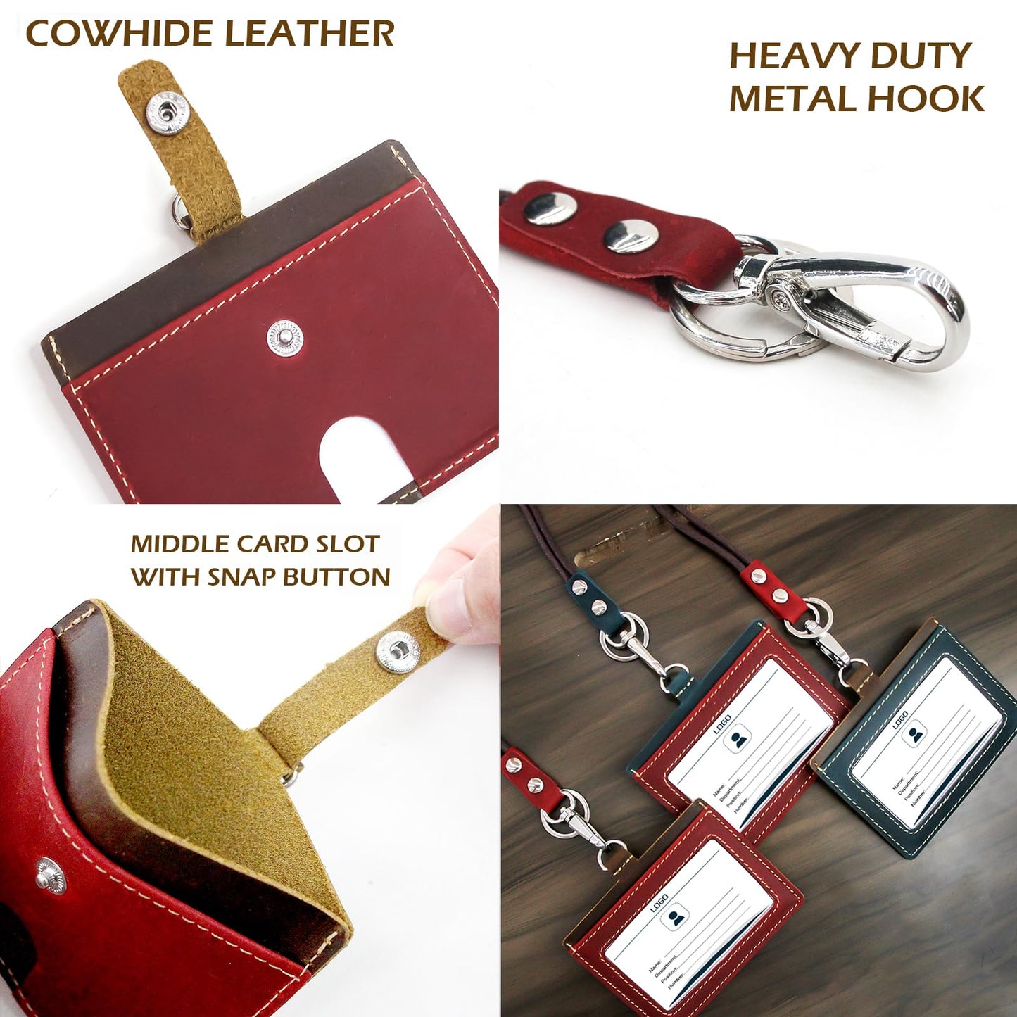 Badge Holder: Boshiho Cowhide Leather ID Badge Card Holder with 19" Neck Lanyard, Horizontal Style (Red)