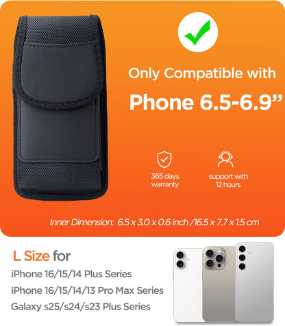 URDIKKG Phone Holster Pouch Compatible with iPhone 17/16/15/14/13 Pro Max and Plus Models, Galaxy S25/S24/S23/S22 Plus & FE, Cell Phone Belt Holder with Card Holder and Magnetic Closure, L-Black