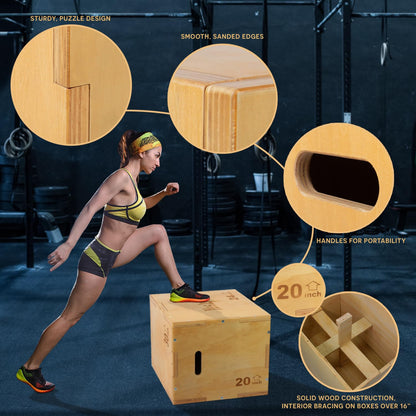Yes4All Plyo Box, 3-in-1 Wooden Box Jumps for Home Gym, 450 lbs, Step Up with Smooth Edges & Wide Built-in Handles for Jumping, Strength Training, Lunges, Squats, Dips, Natural Wood
