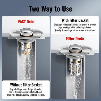 5-in-1 Bathroom Sink Stopper, 2 Pc Pop-Up Drain Stopper with Removable Hair Catcher, Anti-Clog Strainer, Odor Blocking & One-Way Flow Design, Brass & Stainless Steel All Metal Made, Fit 1.1"–2.36"