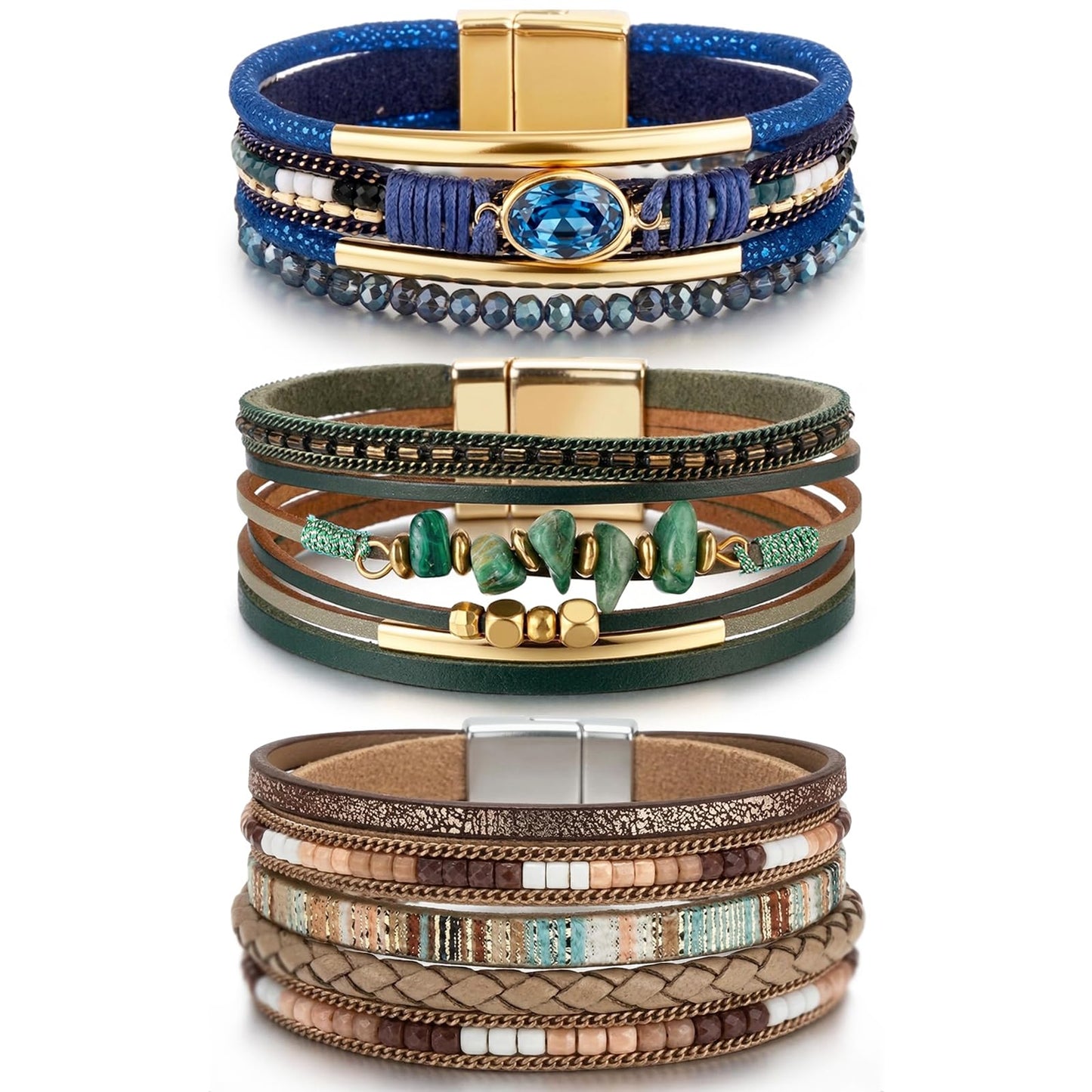 LOWNOUR Boho Bracelets for Women 3pcs Leather Bracelet for Women Western Jewlery Leopard Multi-Layer Crystal Beads Stone Leather Cuff Wrap Bracelets (Boho-3pcs)