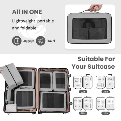 Prezon 8 Set/6 Set/4 Set Compression Packing Cubes for Travel, Lightweight Vacation Travel Essentials, Accessories for Suitcase Organizer Bags Set, Durable Luggage Organizer（8-Square-pewter）