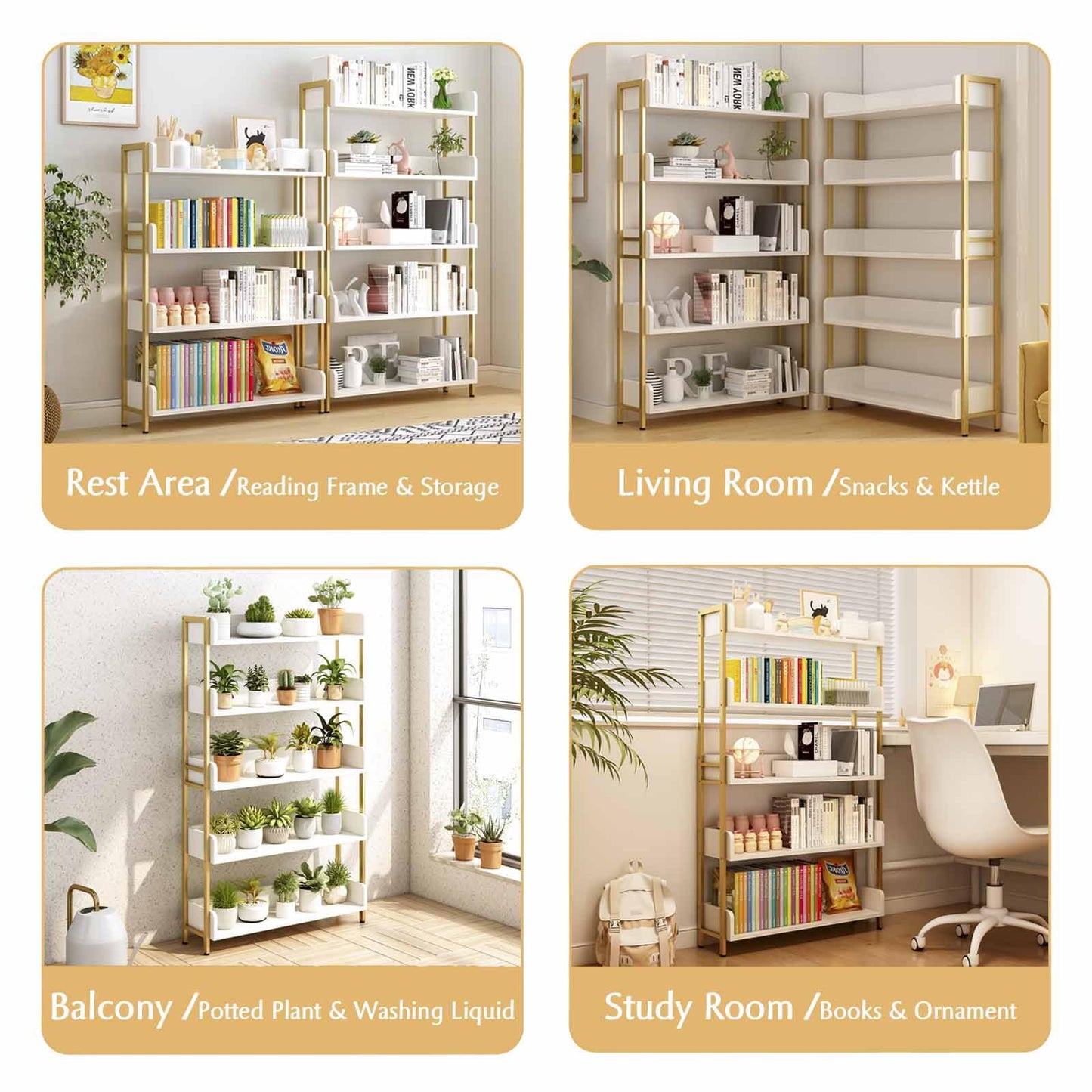 OSCHF Wide Open Shelf Bookcase - Modern 5-Tier Freestanding Display Bookshelf with Three-Side Panels for Home and Office, Storage Shelving in Warm White with Gold Frame