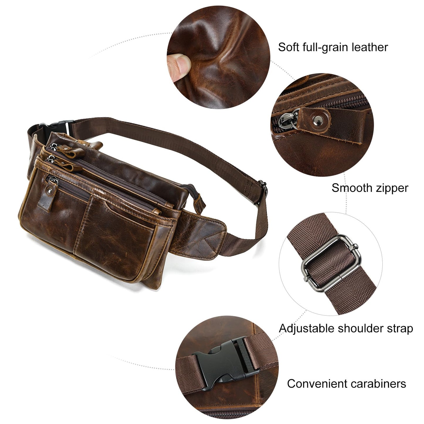 Genuine Leather Fanny Pack Crossbody sling bags zipper Waist Purse Oilcoffee