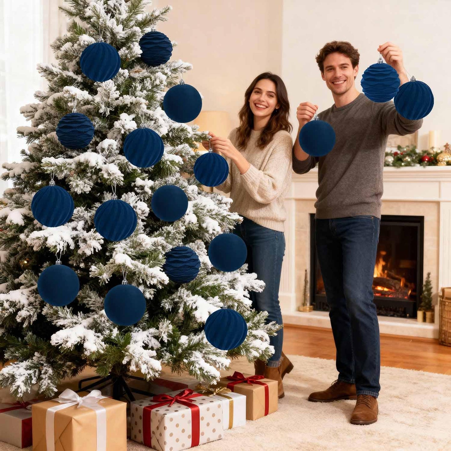 Artmag 4 PCS Large Velvet Christmas Balls Ornaments Shatterproof Hanging Set Flocked for Xmas Tree Holiday Party Decorations (Blue,4 Inch)