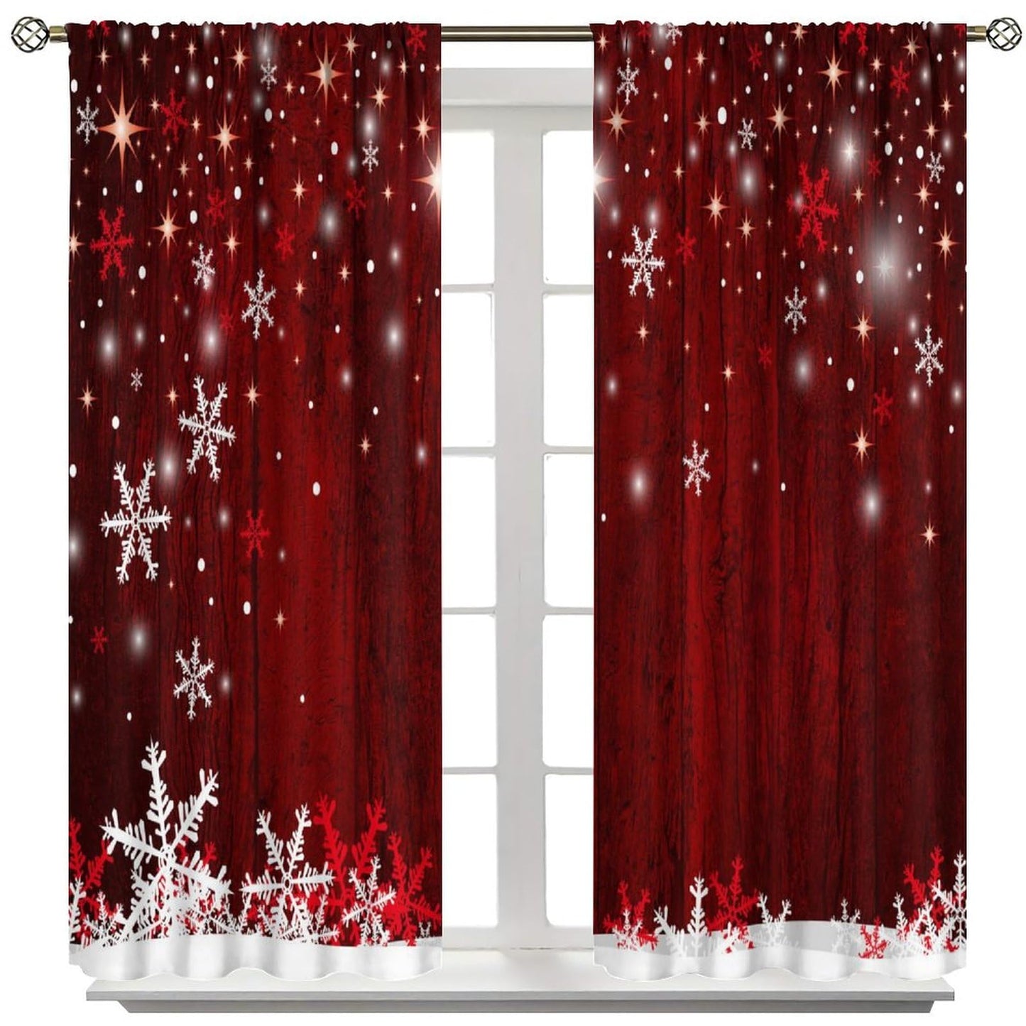 ICMOLYYENLO Christmas Curtains Red Background Snowflakes Merry Christmas and Happy New Year Art Print Curtains Suitable for Bedroom Living Room Insulation Decoration 42x45 Inches