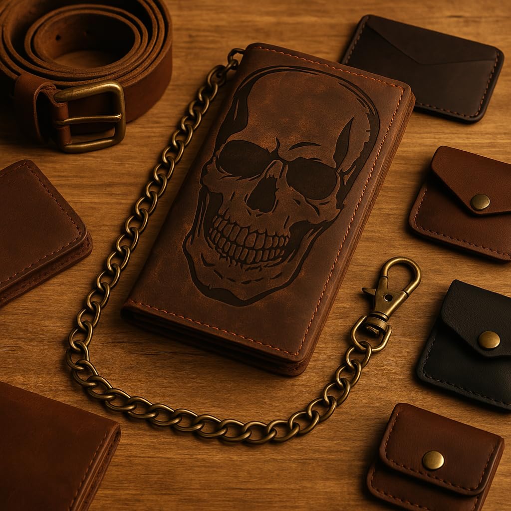 CAZORO Biker Skull Chain Wallet RFID Signal Blocking Men's Vintage Leather Long Tri-fold Chain Checkbook Card ID Wallet (Skull Brown)
