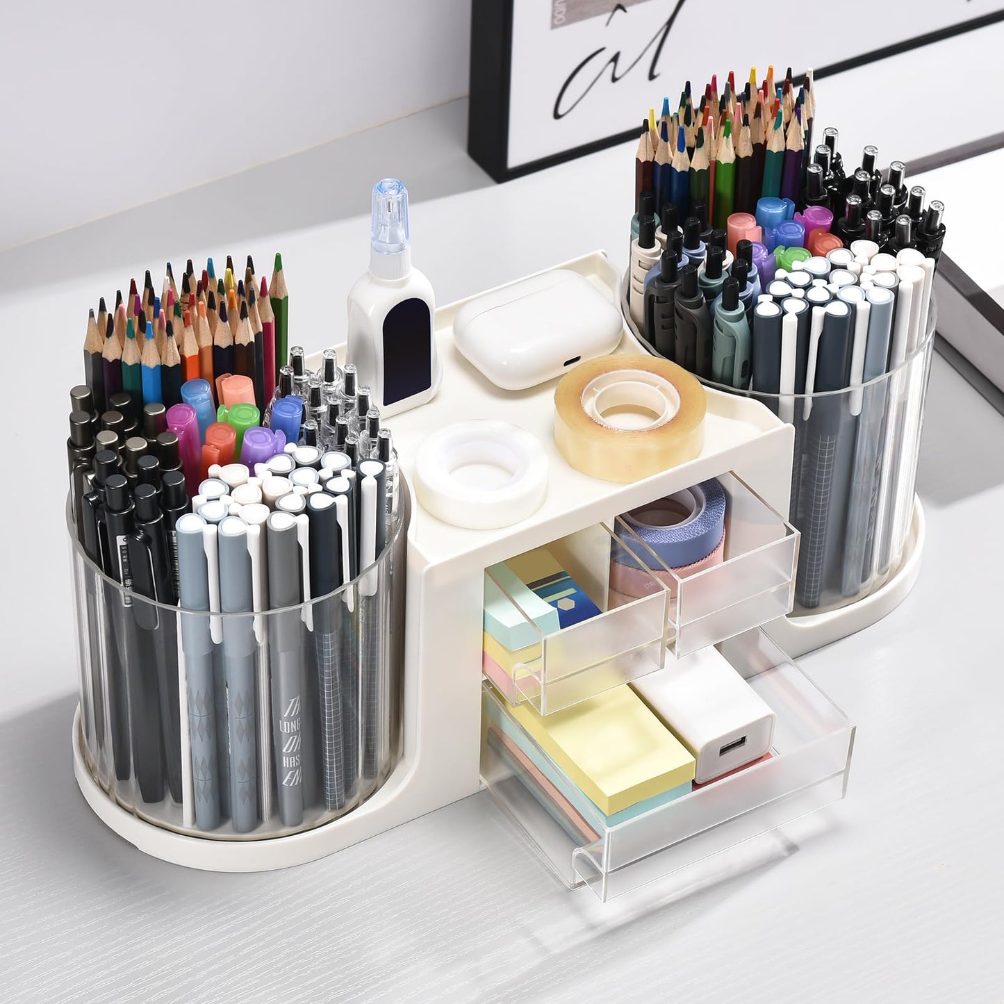 KLIONGO Rotating Desk Organizer with 2 Pen Holder, Desk Organizers and Accessories with 10 Slots Pencil Holder for Desk + 3 Drawer, Art Supply Storage Box Caddy for Office School Home (White)