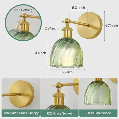 Vintage Battery Powered Cordless Wall Sconce Set of 2, Battery Wall Sconce with Green Glass Lampshade, Rechargeable Battery Powered Wall Lights with Remote Control for Bedside Bedroom Doorway