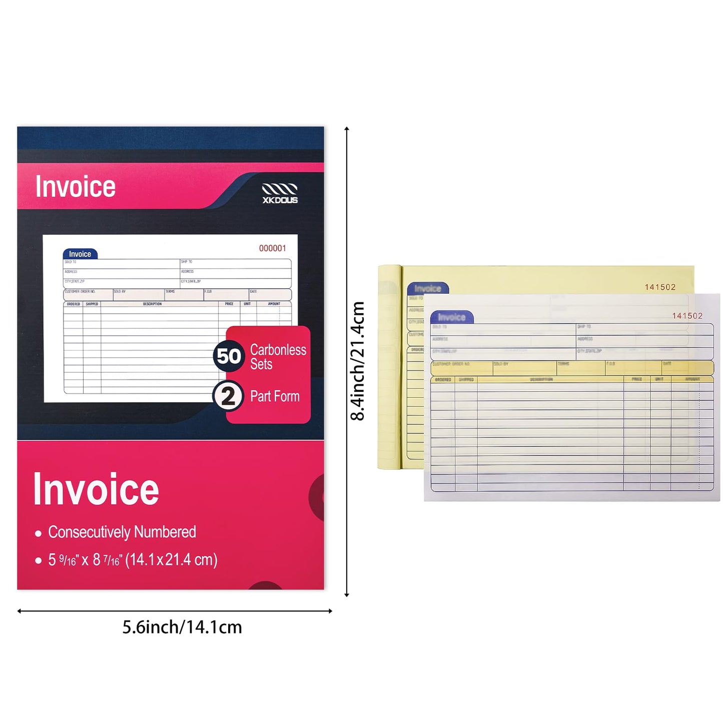 XKDOUS 5 Pack Invoice Receipt Book, 2-Part Carbonless, 5-9/16" x 8-7/16" Invoice Book for Small Business, 50 Sets per Book