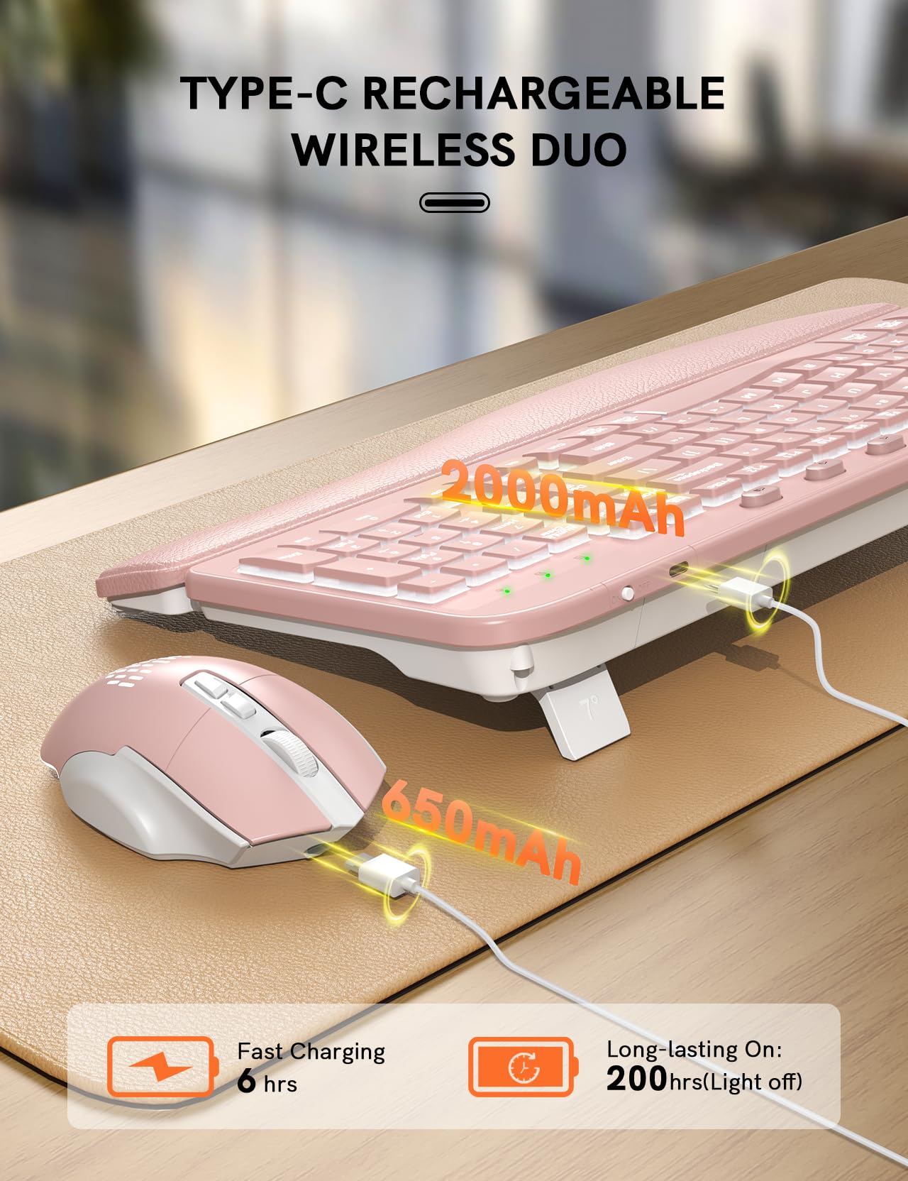 SABLUTE Wireless Keyboard and Mouse Combo Ergonomic - MA12Pro Wave Keyboard with Leather Wrist Rest for Comfortable Typing, RGB Backlit Rechargeable for Windows, Mac, PC, Laptop (Pink)
