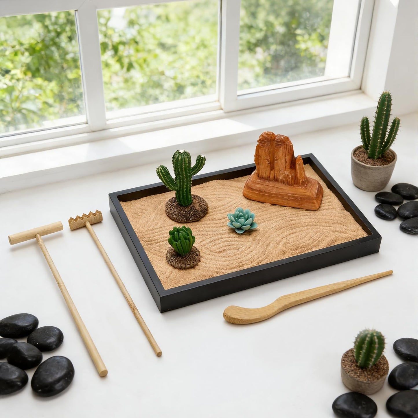Desert Zen Garden Kit for Desk,12.6x8.6in Premium Sand Tray with 4 Artificial Features, Brown Sands, 3 Wood Tools，Mini Southwestern Desert Decor Zen Sand Garden Set for Home, Office Desk