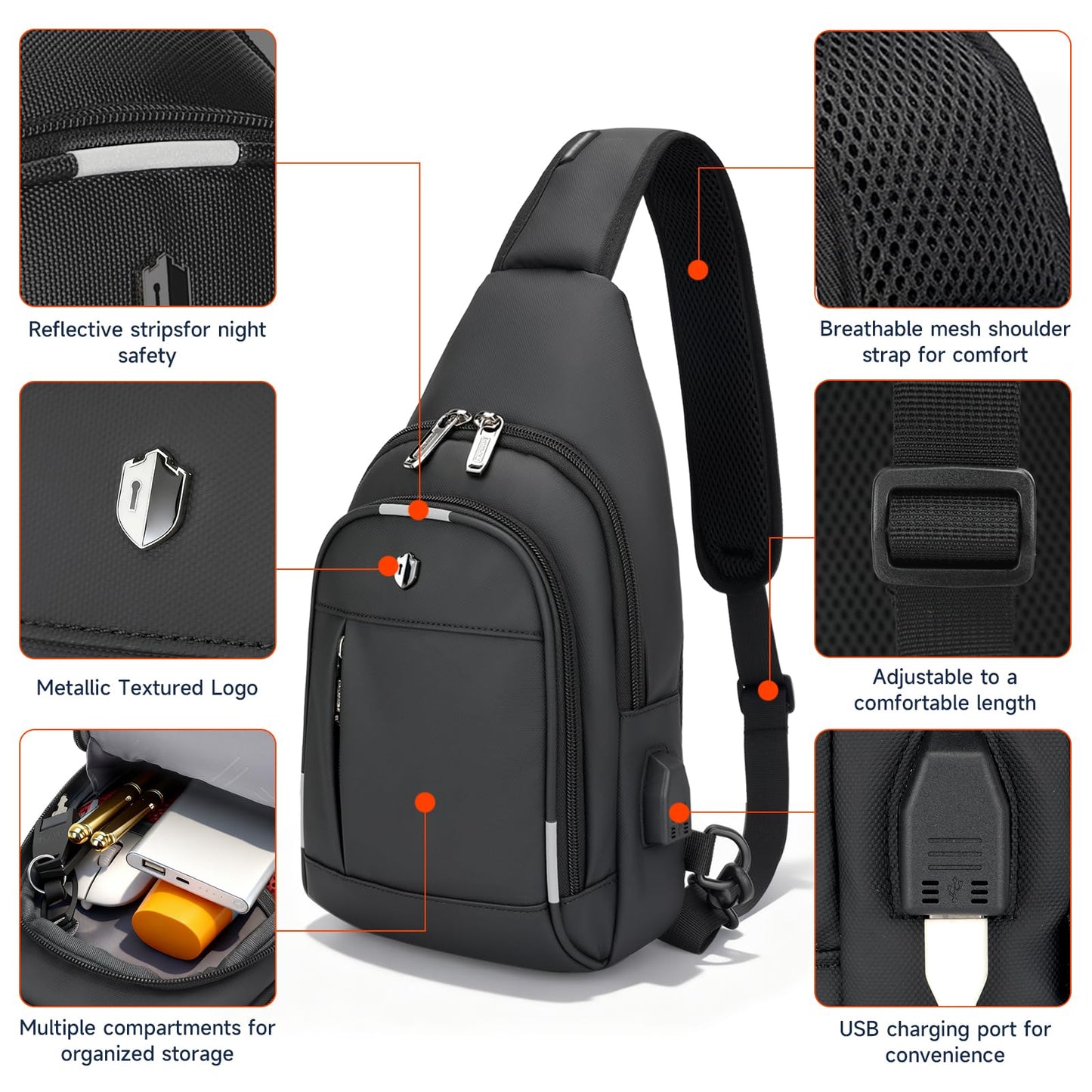 Crossbody Bag for Men, Sling Bag with USB Charging Port & Reflective Strips, Water-Resistant Shoulder Bag Fits Switch 2, Small Backpack Daypack for Travel, Hiking, Gym, Running, Daily Commute
