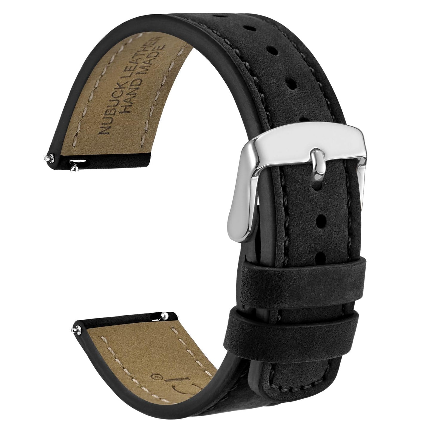 WOCCI 19mm Retro Leather Watch Band for Men and Women, Quick Release Replacement Strap with Silver Buckle (Black)
