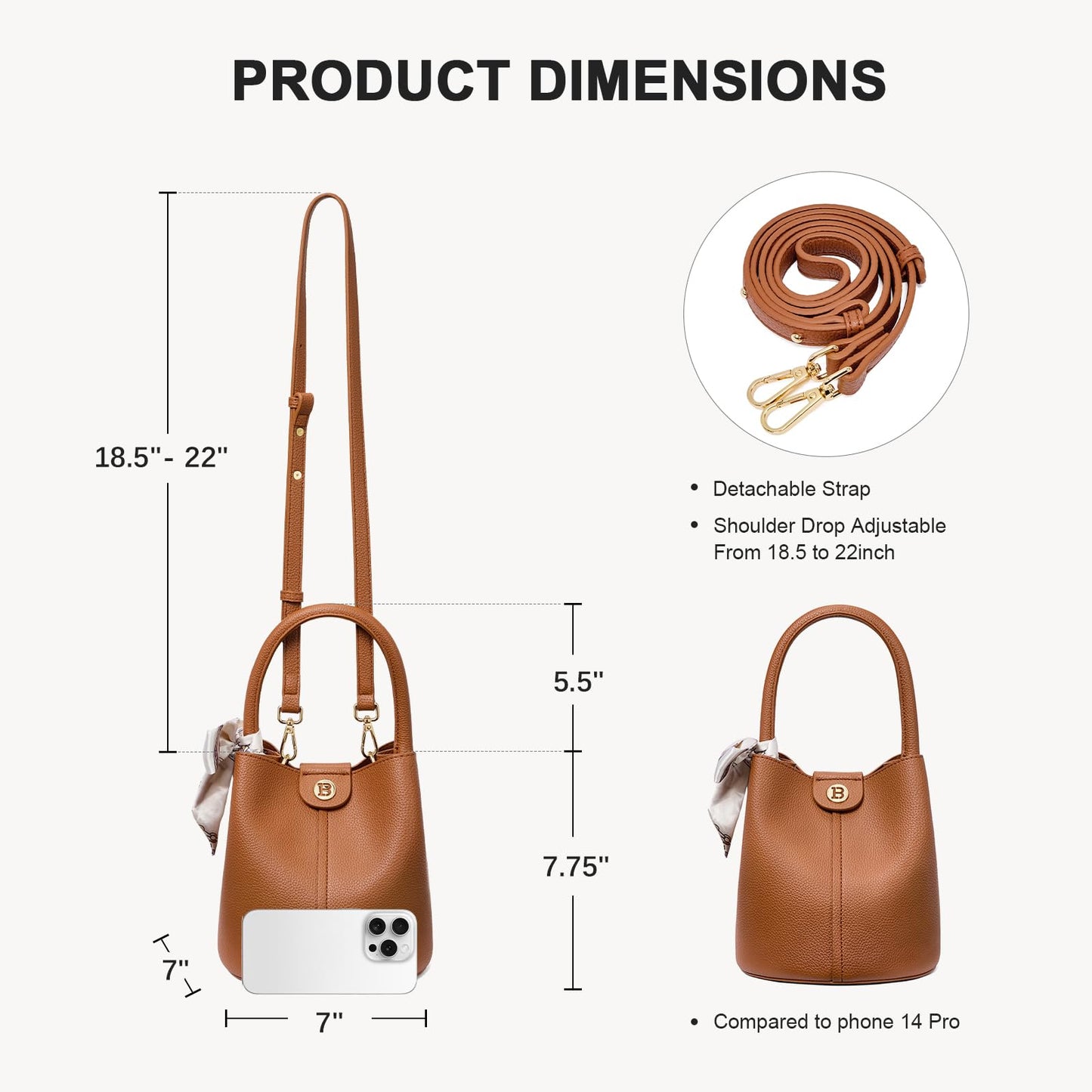 BOSTANTEN Small Crossbody Bags for Women Vegan Leather Mini Bucket Handbag Removable Shoulder Strap Brown